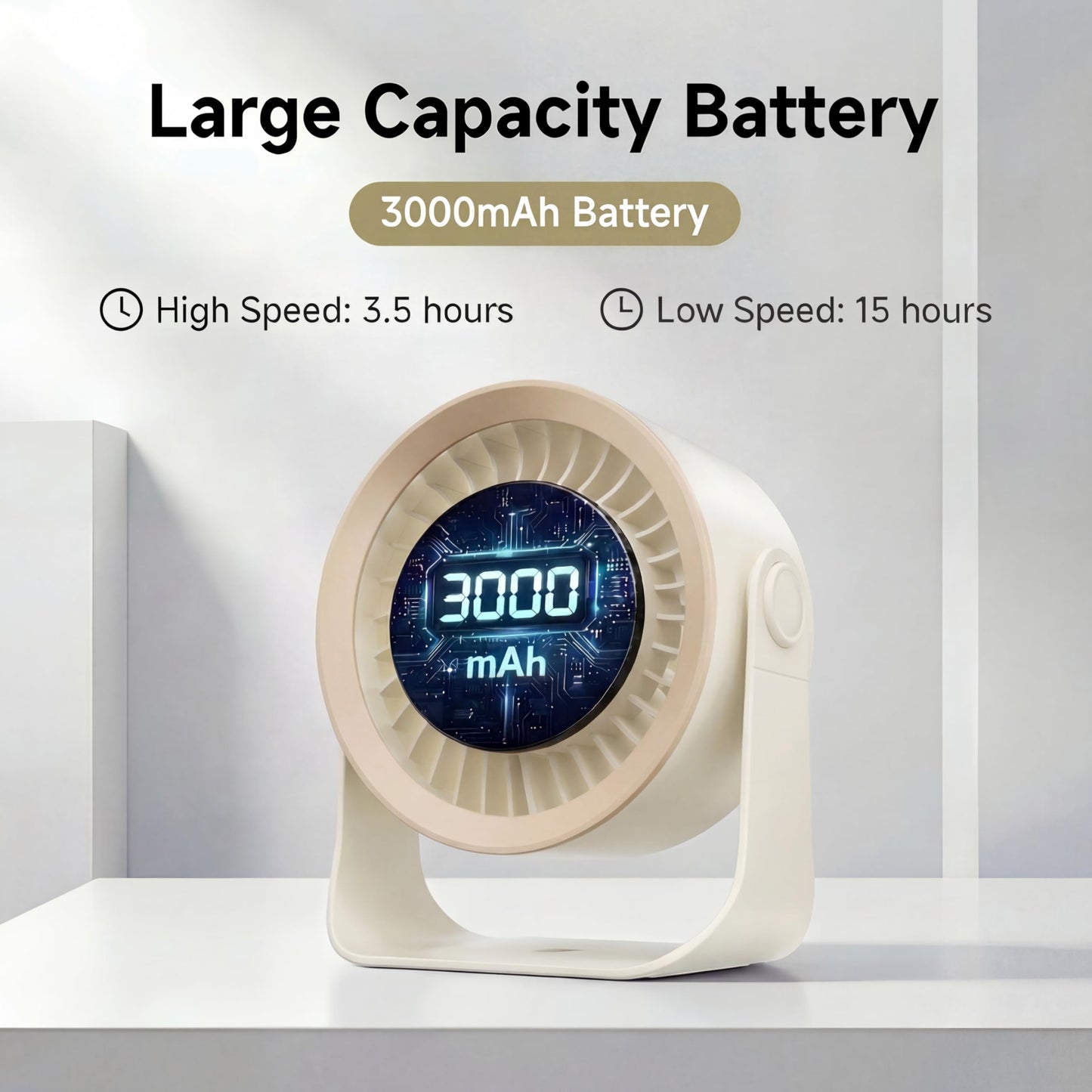 Refluxe Mini Desk Fan, Small USB Rechargeable Quiet Desktop Fan, Cooling Table Electric Fan with LED Digital Display, 360°Adjustable Tilt for Bedroom, Office & Home (Khaki)