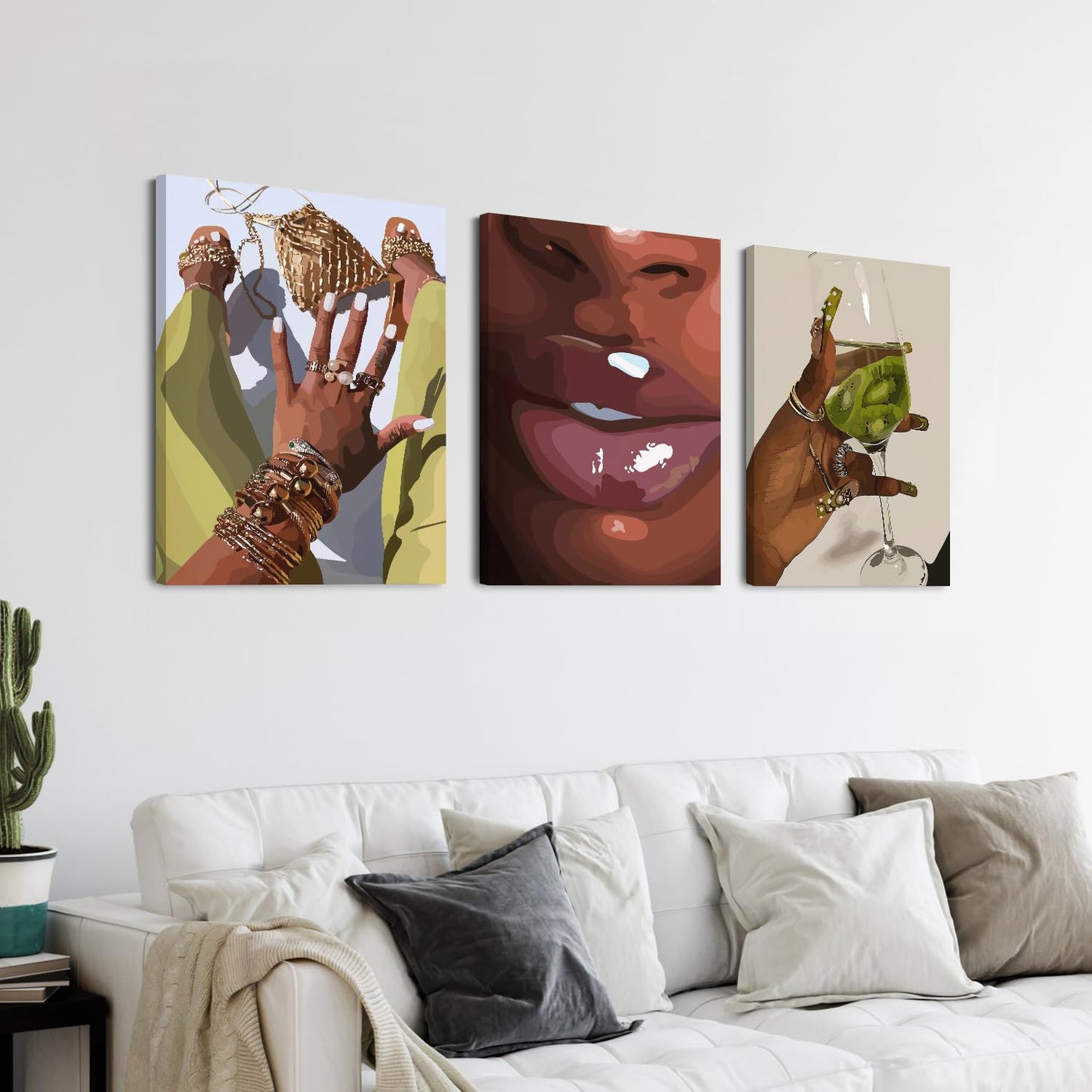 Hianan Black Girl Canvas Wall Art Set of 3, Framed African American Woman Wall Decor, Fashion Black Women Poster Prints, Abstract Black Girl Aesthetic Pictures for Living Room Bedroom 12"x16"