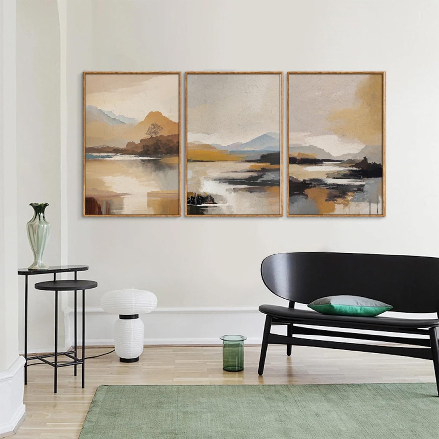 Tinonedraw Beige Abstract Mountain Framed Canvas Wall Art, Mid Century Modern Wall Decor, Rustic Golden Hour Lake Artwork, Neutral Nature Landscape Art Paintings for Living Room Bedroom 16"x24"x3
