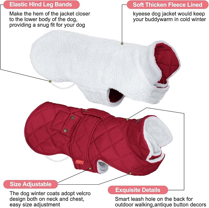 KYEESE Dog Coat Thick Dog Coats for Medium Dogs Soft Dogs Jacket with Pocket Windproof Pet Sweater Waterproof Pets Clothes for Cold Weather Warm Pet Winter Puffer Coat with Leash Hole