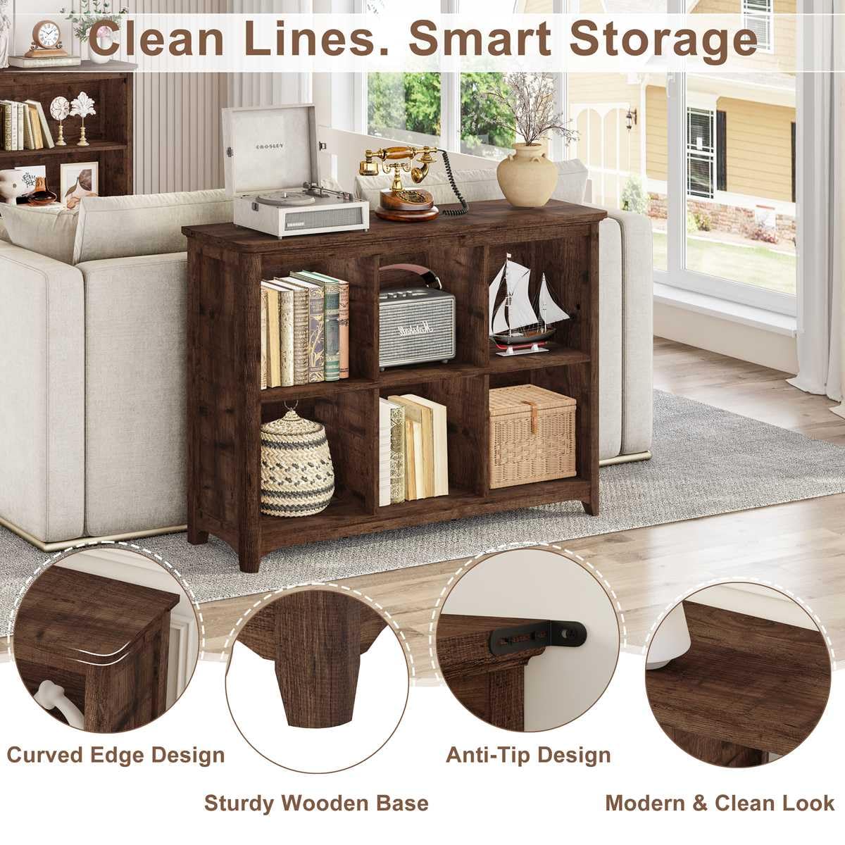 BON AUGURE 6 Cube Storage Bookcase, Horizontal Wooden Bookshelf with Curved Edge, 3 Tier Cubby Organizer Book Shelf for Living Room, Bedroom, Home Office (Rustic Oak, 43 Inch)