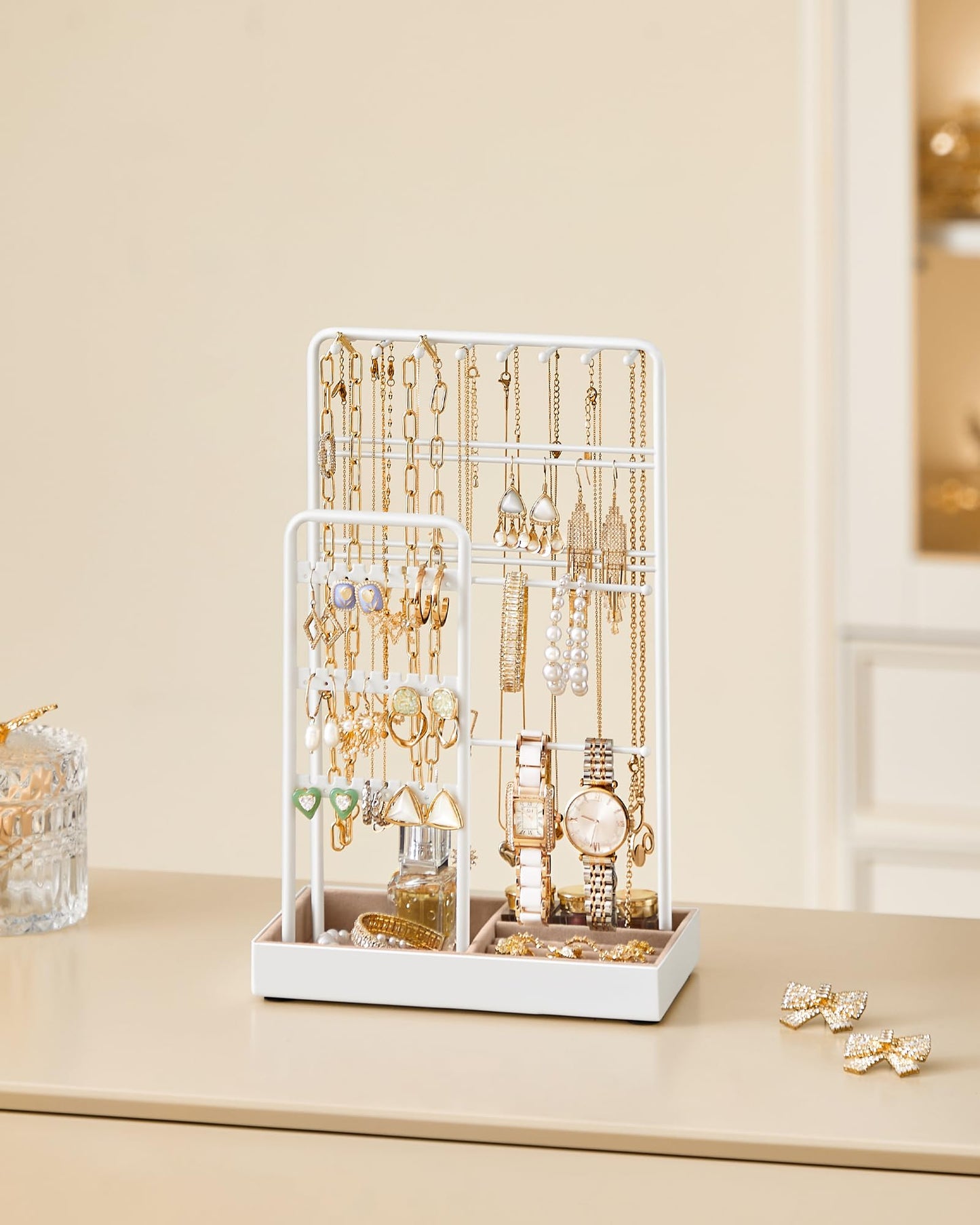 SONGMICS Necklace Holder, Jewelry Stand Holder Organizer, Jewelry Display with Metal Frame, Velvet Tray, Earring Bracelet Holder, for Gift Idea, 4.5 x 7.7 x 12.1 inch, Matte White UJJS021W01