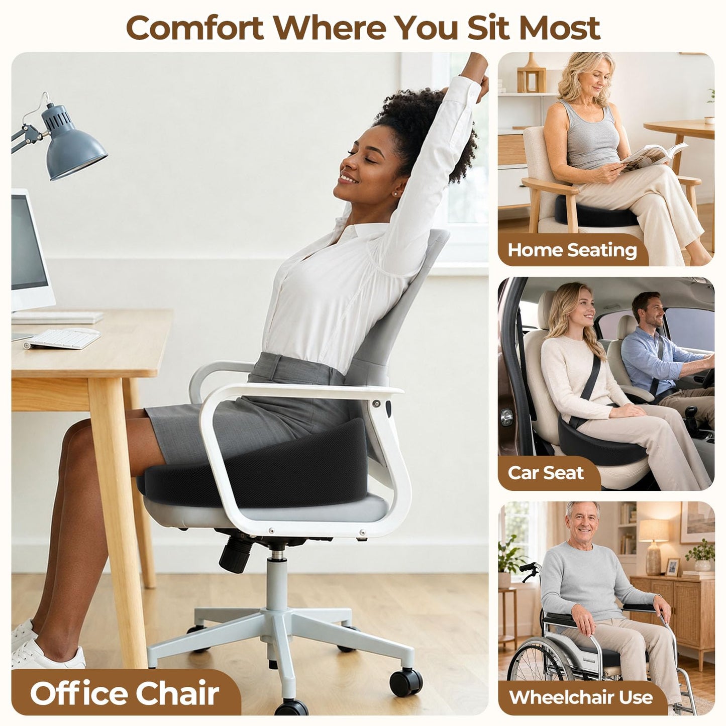 TushGuard Ergonomic Donut Pillow Seat Cushion with Raised Rear Support, Large Memory Foam Lifting Cushions for Tailbone, Hemorrhoids & Sciatica Relief, Office Chair, Car, Travel, Postpartum, Black