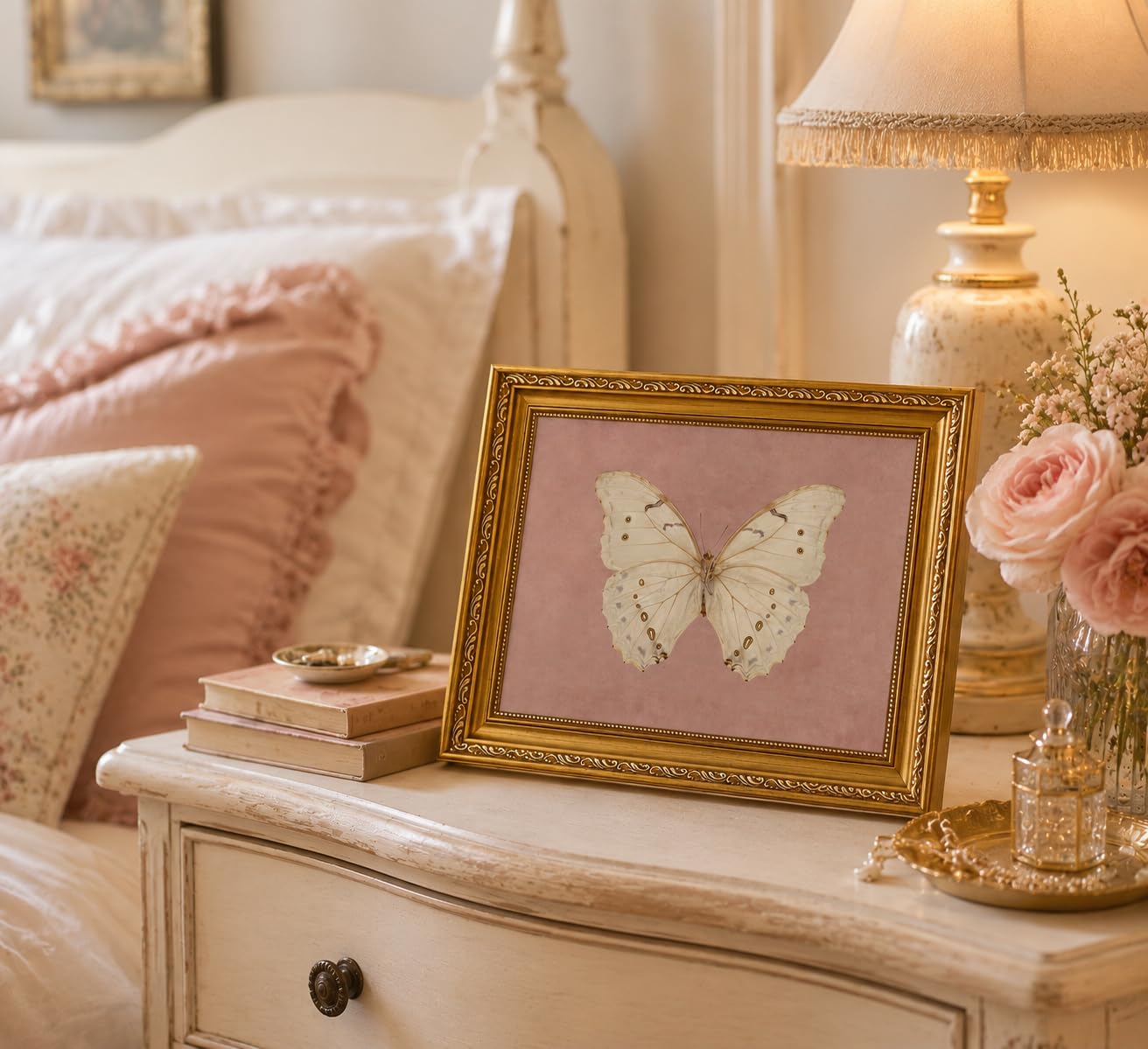 FKRYTYB Elegant Gold Framed Pink Moody Butterfly Wall Art 9x11in