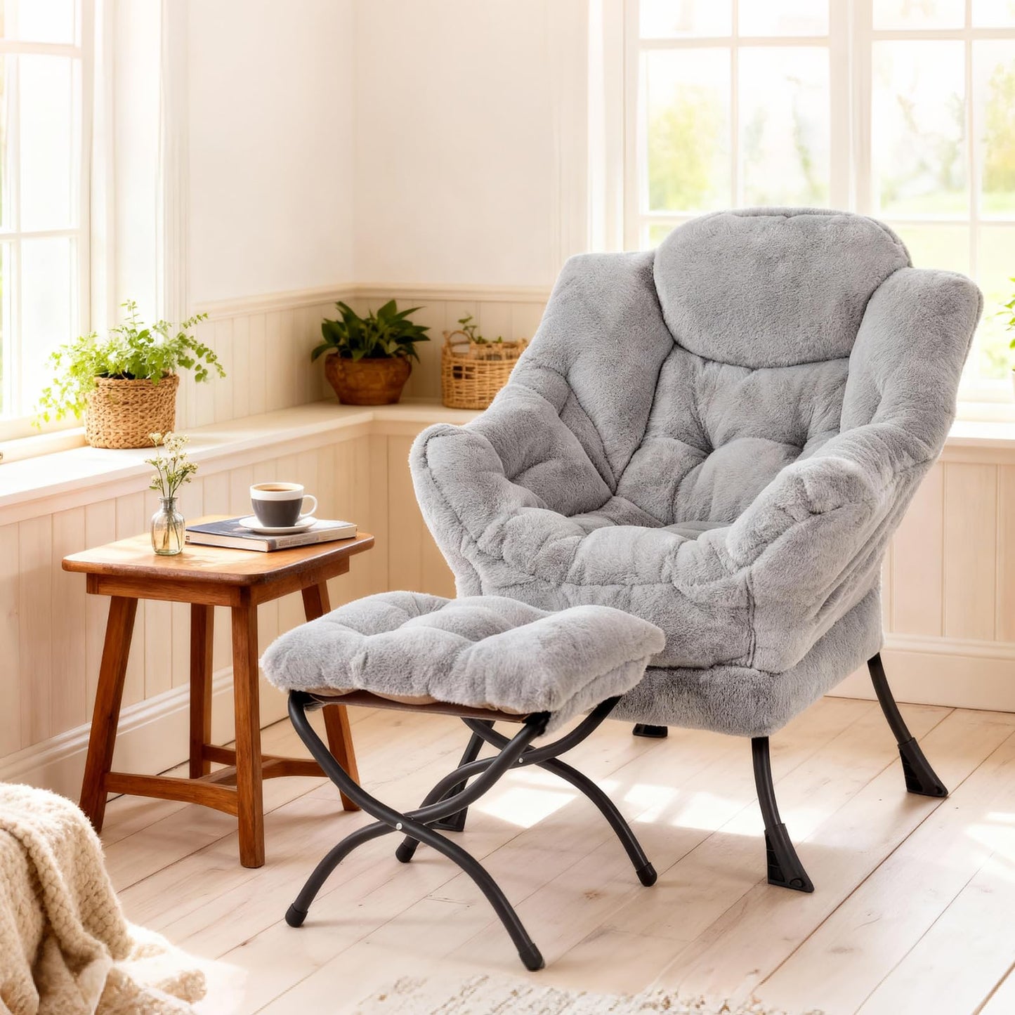 SESHINELL Lazy Chair with Ottoman, Modern Accent Lounge Leisure Sofa with Armrests, Reading Chair and Folding Footstool for Living Room, Bedroom, Office, Plush Grey