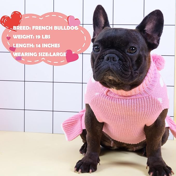 KYEESE Valentines Dog Sweater Dress, Warm Dog Sweaters for Small Dogs Girl Cats Dogs Clothes, Pullover Cozy Knit Pet Apparel with Leash Hole, Pink Dot, XS