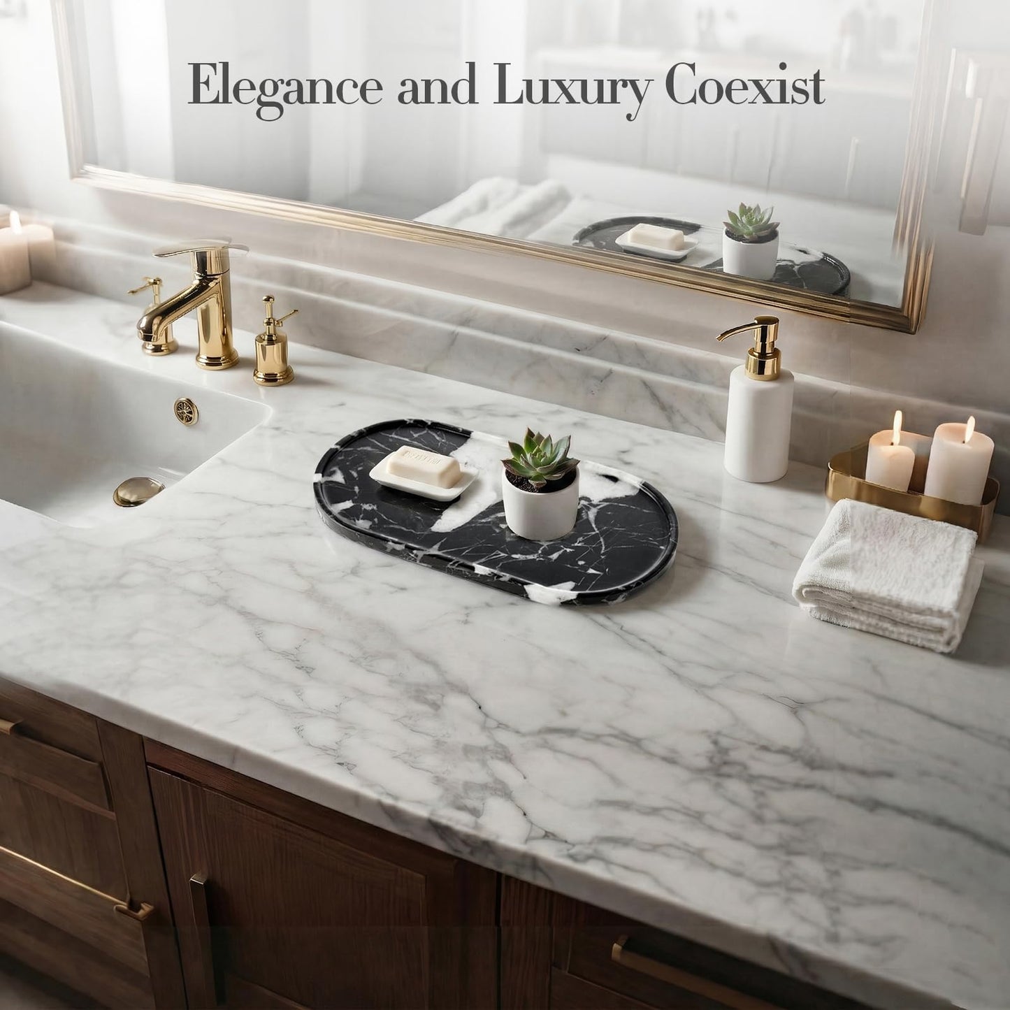 Natural Marble Tray Bathroom Tray, Luxury Decorative Trays for Bathroom, Vanity, Dresser, Kitchen & Home Decor, Valentine's Day House Warming Gifts New Home (Black)