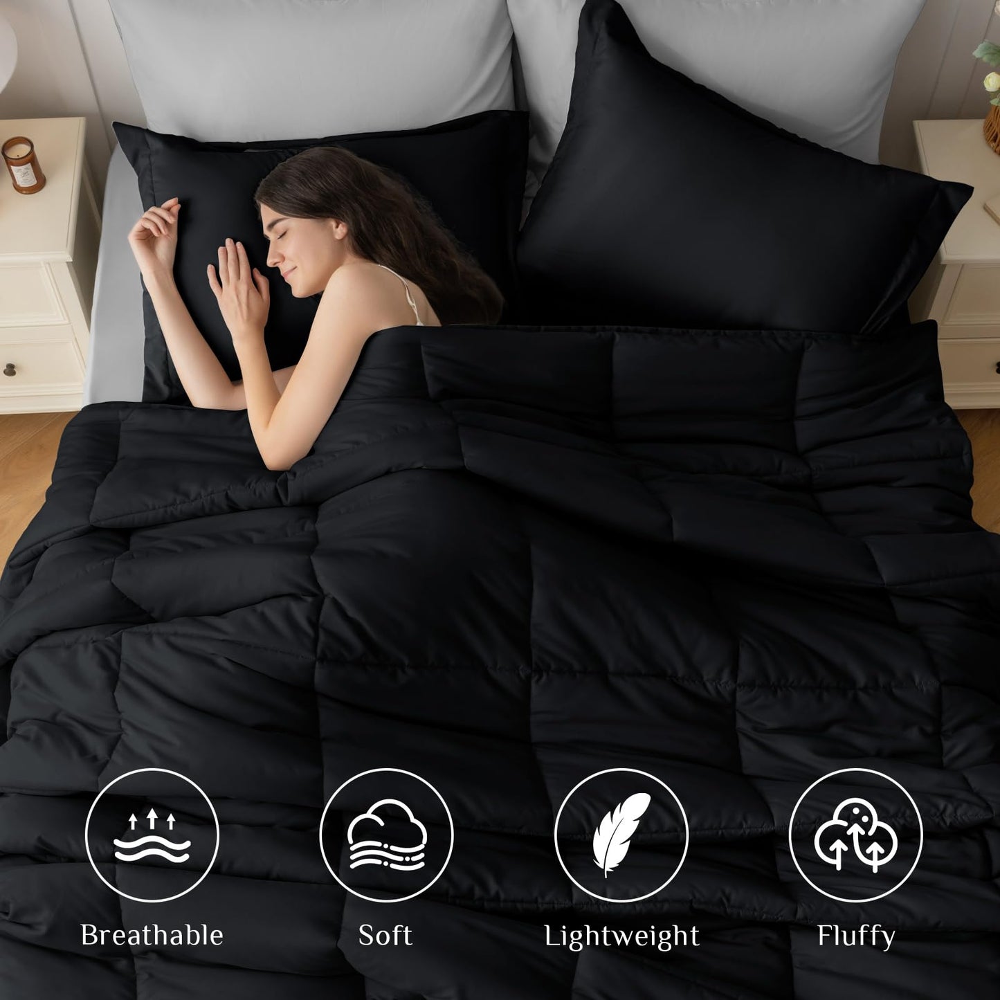 JOLLYVOGUE Queen Comforter Set, Ultra-Soft Bed in a Bag Queen Size 7 Pieces, Oeko-TEX Certified Bedding Set with Down Alternative Comforter, Sheets, Pillowcases & Shams, Black & Light Grey