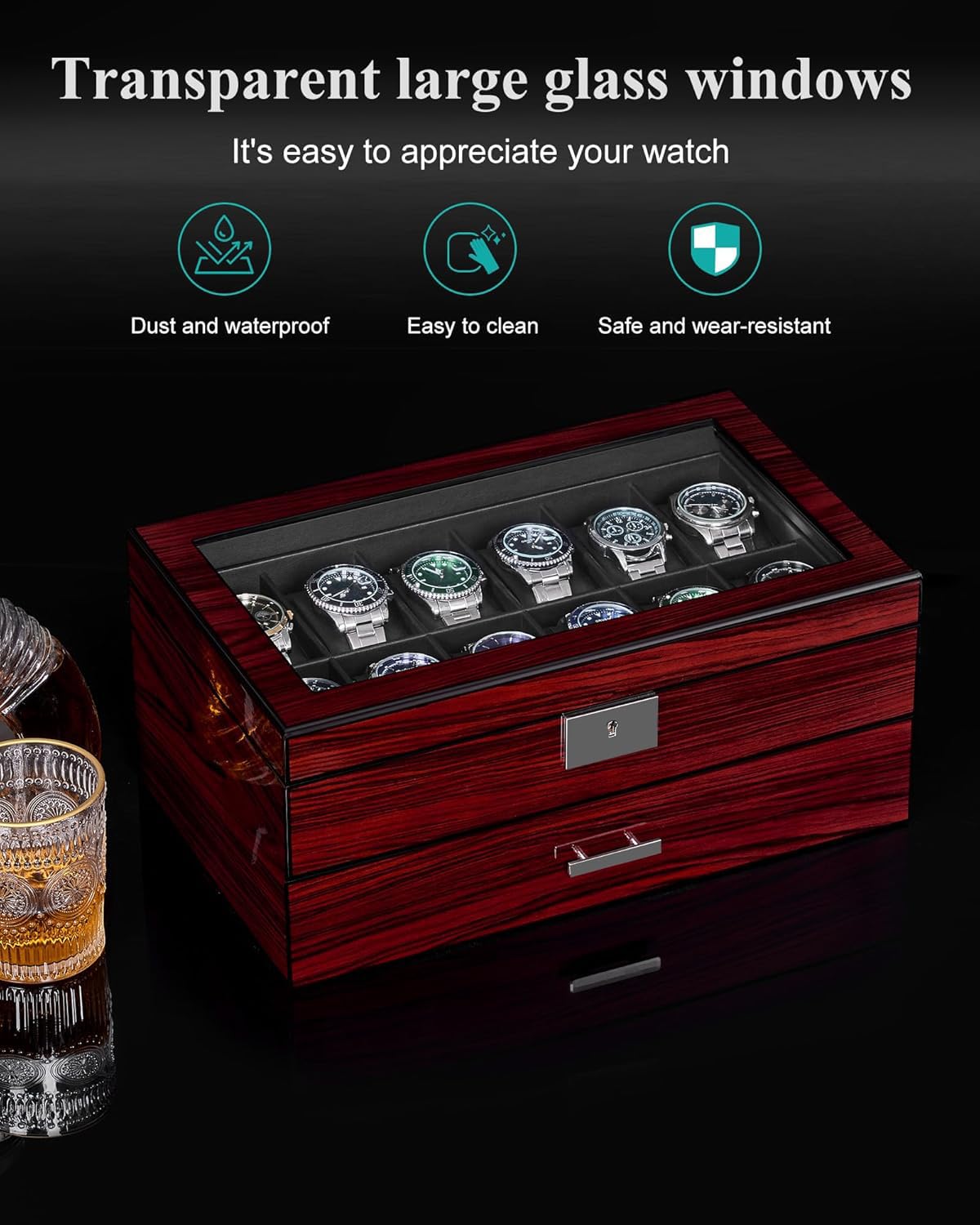 ANWBROAD Watch Box for Men, 12 slot Watch Cases with Glass Lid, 2-Layer Wooden Watch Display Case for Jewelry and Watch Organizer for Men Women, Ideal for Gifting with a Present Box, Lockable UJWB003Y