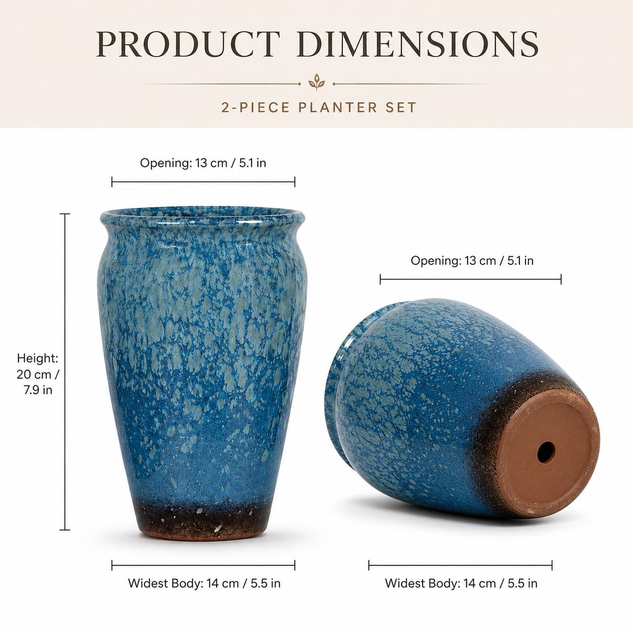 WildCorner Set of 2 8 Inch Ceramic Plant Pots with Drainage Holes, Reactive Glaze Planters for Indoor Plants, Decorative Flower Pots for Covered Outdoor Patio, Boho Housewarming Gift, Blue