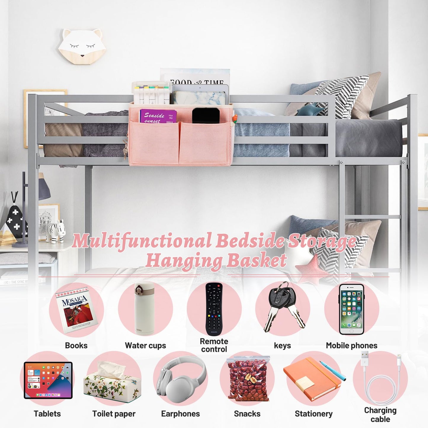 Frjjthchy Bedside Caddy Hanging Storage with Water Bottle Holder for Bunk Bed Hospital Bed Dorm Rooms (Pink)
