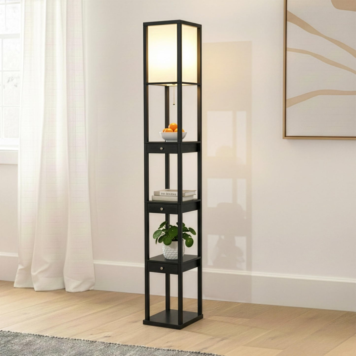 Brightech Maxwell Drawer Edition - Modern Shelf Floor Lamp with Drawer - Corner Display Floor Lamps with Shelves for Living Room, Bedroom and Office - Black