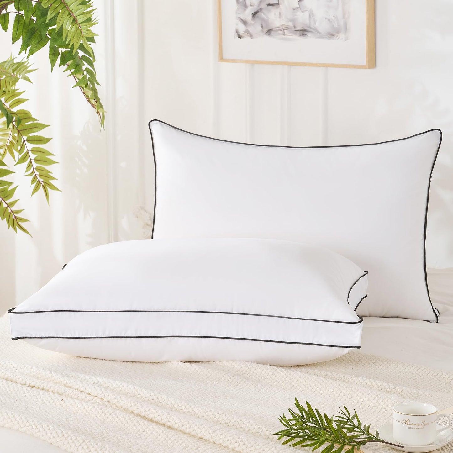 Mosluna Feather Down Pillows Queen Size Set of 2, Hotel Collection Bed Pillows 2 Pack, Medium Firm Pillow for Side, Back or Stomach Sleepers, Downproof, Gusset Design 20x30 in.