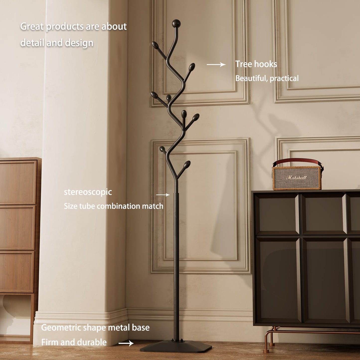 ZHBHYZ Tree-shaped coat rack stand,Metal coat tree with 8 Hooks and sturdy cast iron base,Heavy Duty coat rack freestanding coat hanger stand for Clothes Hats Scarfs Purses (black)