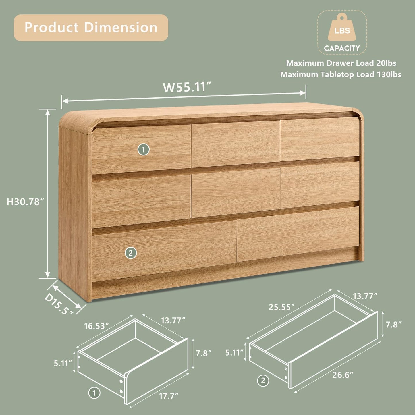 Aitjunz Modern 8 Drawers Dresser for Bedroom, 55" Wide Dressers & Chest of Drawers w/Curved Profile Design, Wood Mid Century Storage Dressers Organizer for Bedroom, Living Room, Natural Oak