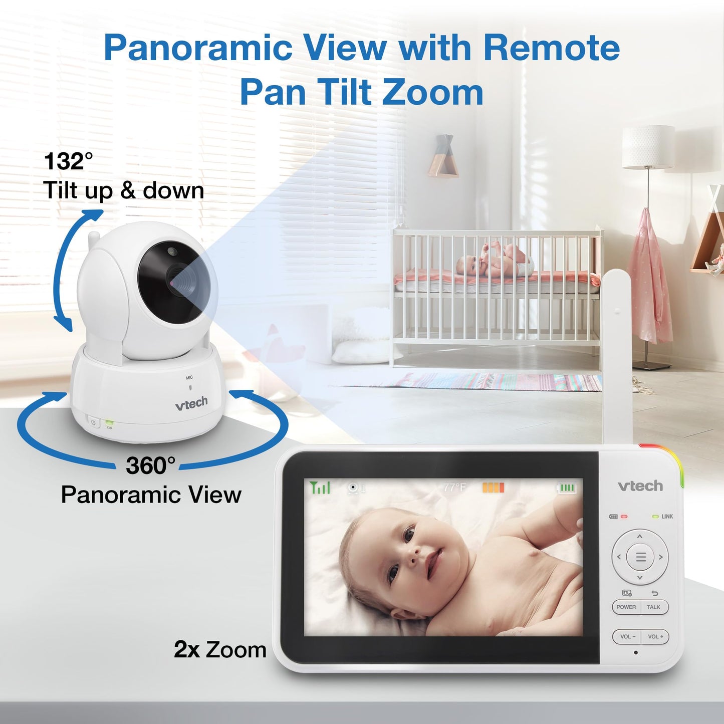 VTech Baby Monitor No WiFi, 5" Screen & Remote Pan-Tilt-Zoom for Newborns – Hack-Proof, 17Hr Battery, 1000ft Range, Auto Night Vision, Temperature Sensor, Two-Way Talk | VM924