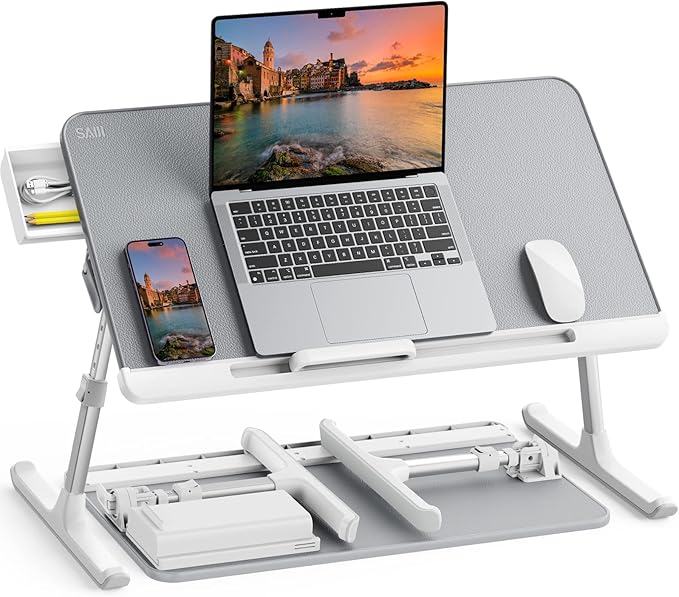 SAIJI Laptop Bed Tray Table, Adjustable PVC Leather Laptop Bed Table, Portable Standing Desk with Storage Drawer, Foldable Lap Tablet Table for Sofa Couch Floor (Gray)