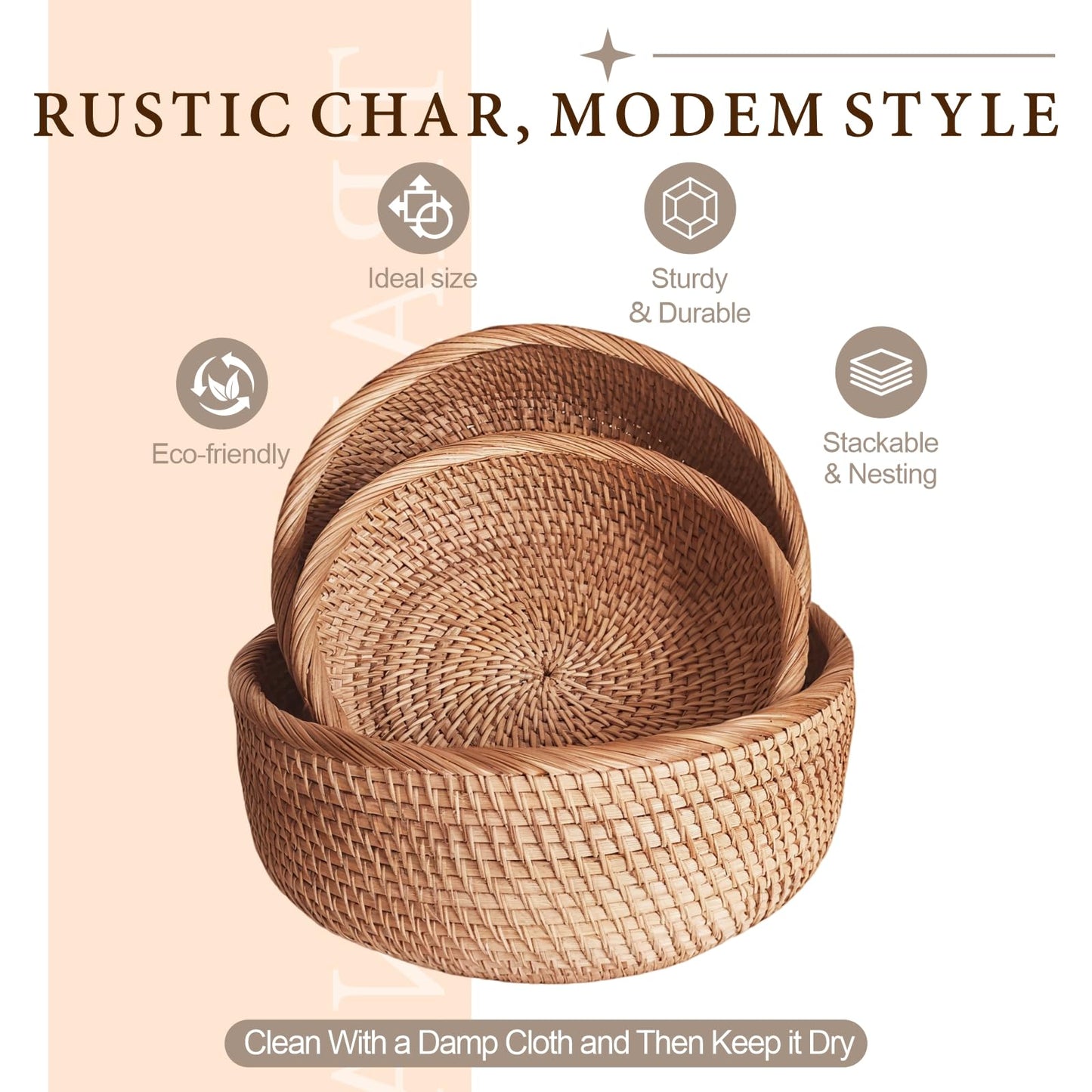 8" Round Small Wicker Basket, Artisanal Rattan Fruit Basket, Key Bowl for Entryway Table, Decorative Bowl for Kitchen Counter, Bedside, Living Room, Natural Woven Fruit Bowl, Purse Bowl, Bread Basket