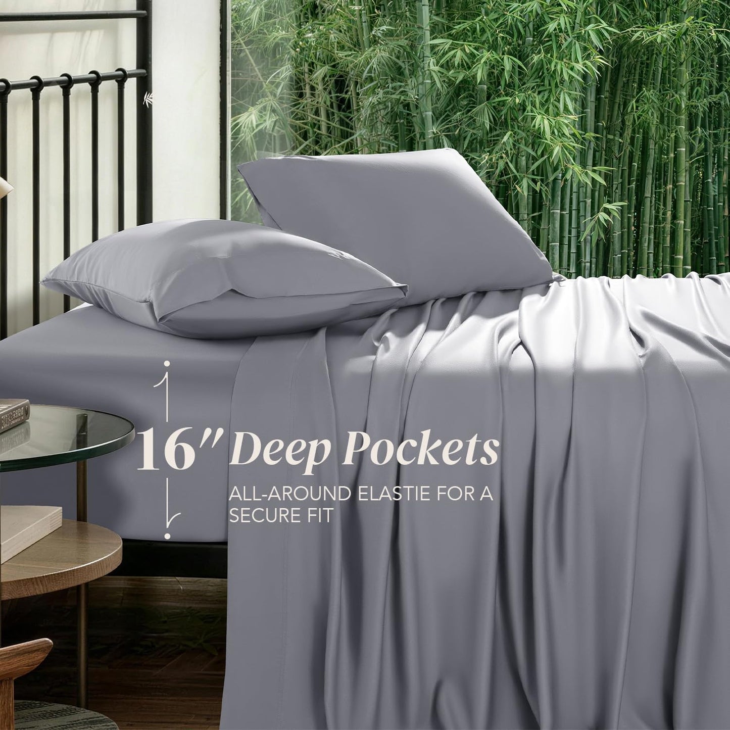 SONORO KATE 100% Organic Viscose Derived from Bamboo_Sheets, Breathable & Cooling Bed Sheets for Hot Sleepers, Luxury Soft Silky Bedding Sheets, 16" Deep Pocket - 4PC (Grey,King)