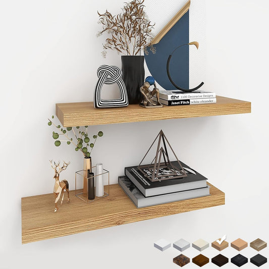INHABIT UNION Oak Floating Shelves for Wall，24in Wall Mounted Display Ledge Shelves Perfect for Bedroom, Bathroom, Living Room and Kitchen Decoration Storage (Oak, Set of 2)
