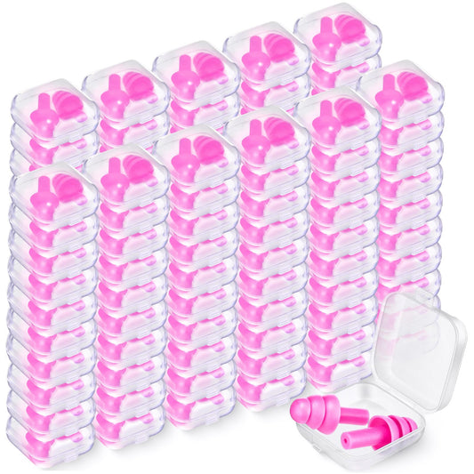 TrelaCo 100 Pairs Ear Plugs Bulk, NRR 29dB Reusable Silicone Ear Plugs with Plastic Cases Soft Foam for Sleeping Noise Cancelling for Concerts Shooting Swimming Noise Reduction(Pink)