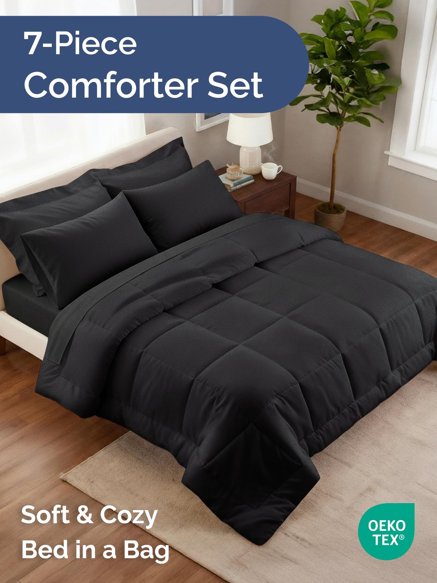 Full Comforter Set Black - Bed in a Bag Queen Size 7 Pieces - Down Alternative Duvet Insert - Soft, Lightweight Comforter Bedding Set with Flat Sheet, Fitted Sheet, Pillowcases & Shams for All Seasons