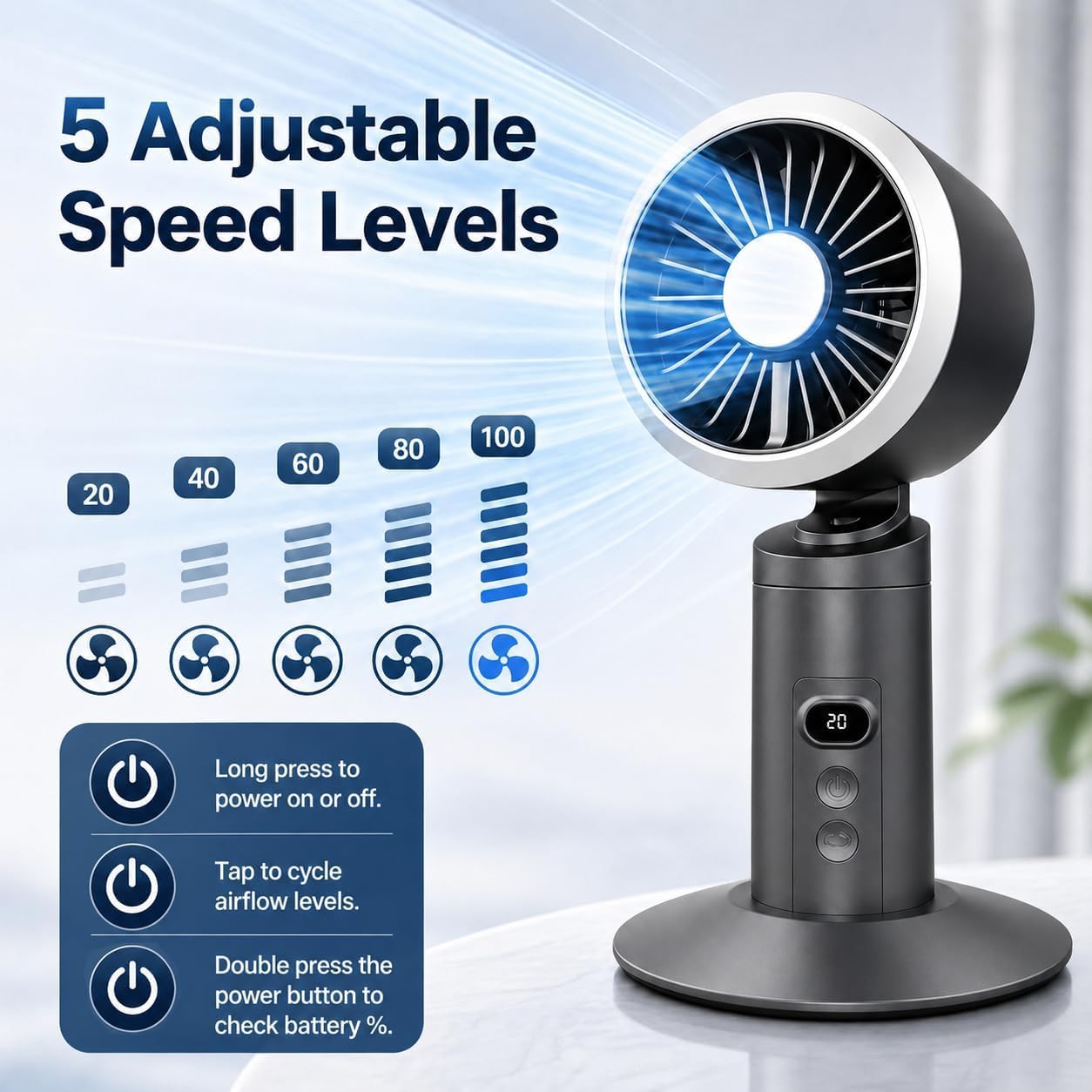 PUWENHAN Rechargeable Oscillating Desk Fan, Cordless Battery Operated Table Fan with Strong Airflow, 5 Speeds, LED Display, 20dB Super Quiet Portable Fan for Bedroom, Office, Nightstand