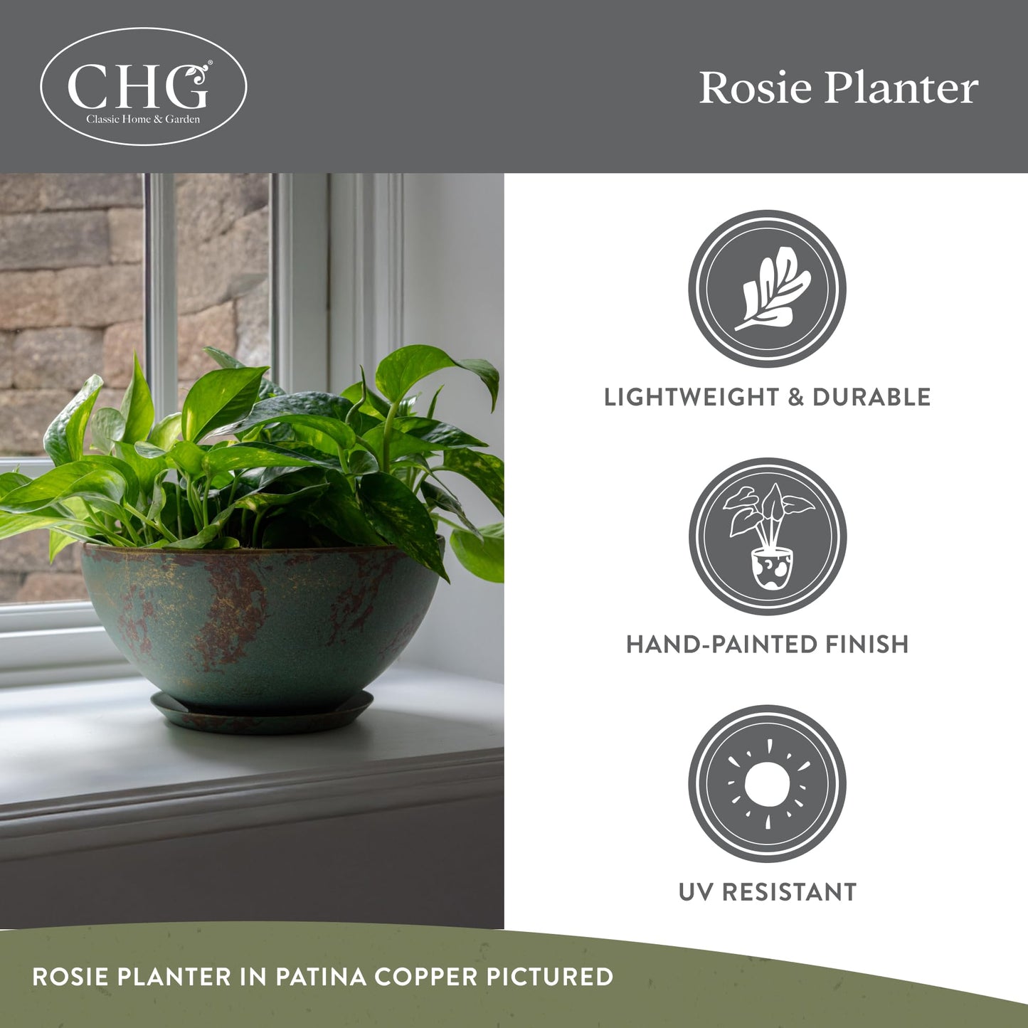 GROWSCAPE Rosie Planter Bowl, with Drainage and Saucer, 10” Northern Lights
