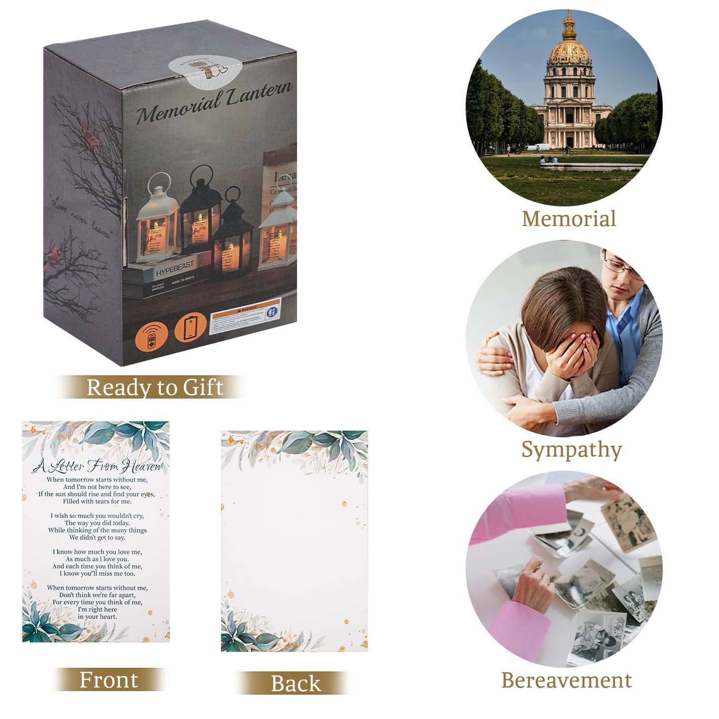 Sympathy Gifts for Loss of Loved One, Memorial Gift Lantern with Card, Bereavement Gift Candle Lights, Memory Lamp with Remote for Funeral Remembrance or Condolences (White)