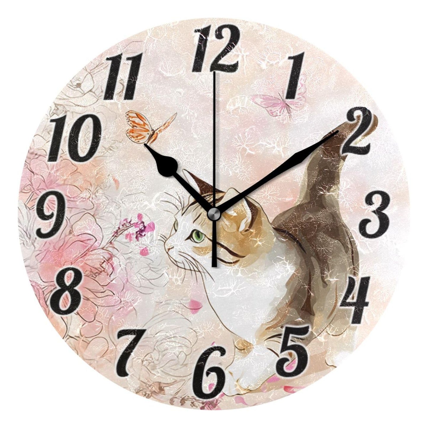 ALAZA Cute Cat Butterfly Flwoer Wall Clock Battery Operated Clock Silent 9.5 Inch Non Ticking Wall Clocks for Bedroom Living Room Decorative