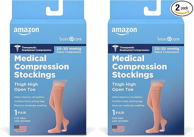 Amazon Basic Care Compression Stockings, 20-30 mmHg, Women & Men, Thigh Length | Open Toe | Beige | Small | Pack of 2