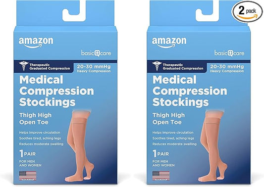 Amazon Basic Care Compression Stockings, 20-30 mmHg, Women & Men, Thigh Length | Open Toe | Beige | Large | Pack of 2