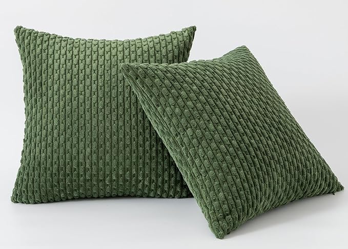 Kevin Textile Throw Pillow Covers Soft Corduroy Decorative Set of 2 Boho Striped Pillow Covers Pillowcases Farmhouse Home Decor for Couch Bed Sofa Living Room 26x26 Inch Moss Green