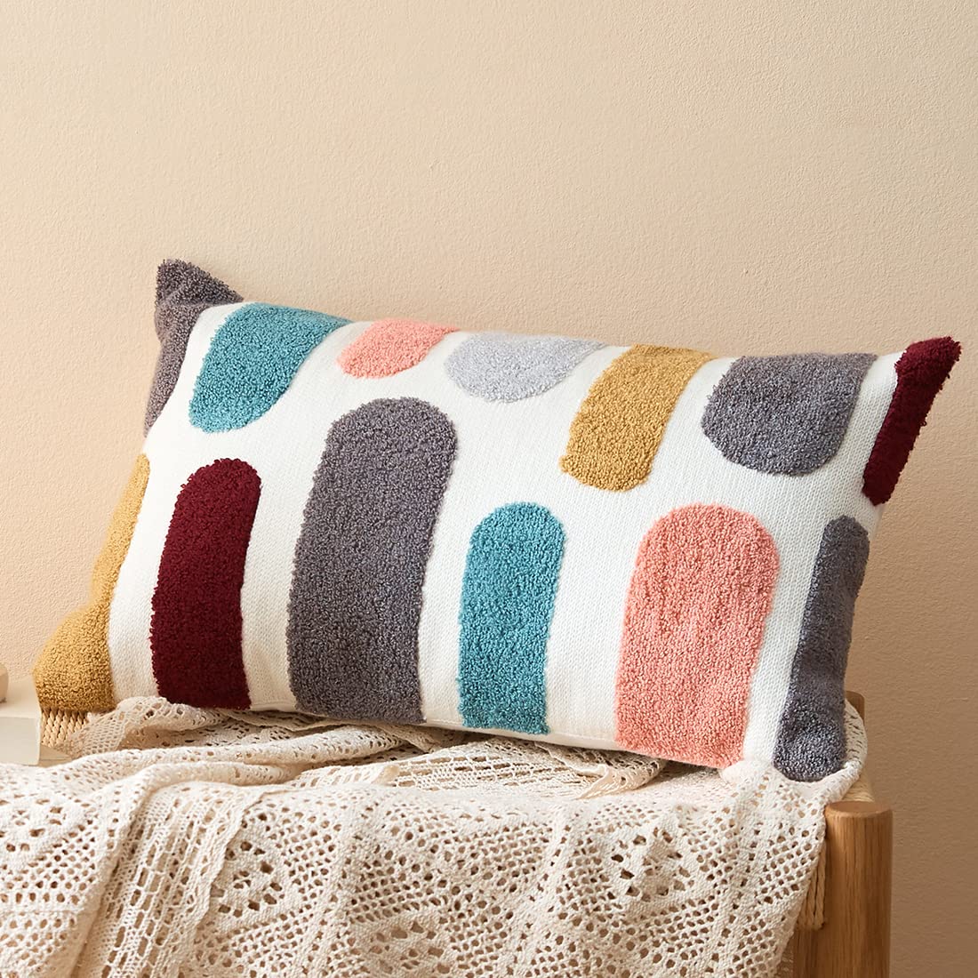 vctops Boho Geometric Tufted Lumbar Decorative Throw Pillow Cover Farmhouse Cotton Embroidery Accent Cushion Case for Couch Sofa Bed (Embroidery7, 12"x20")