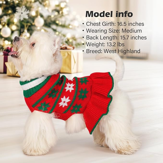 KYEESE Dog Christmas Sweater Warm Dog Sweater for Small Dogs with Leash Hole Knit Dogs Clothes Pet Coats Turtleneck Pet Sweater Dress with Snowflake Pattern, Red, Small