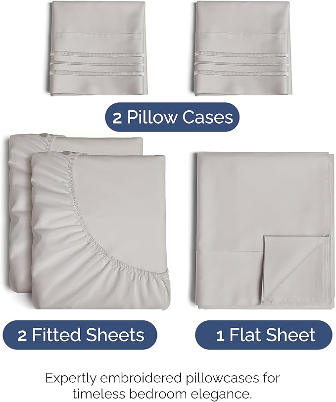 Split King Size 5 Piece Sheet Set - Comfy Breathable & Cooling Bed Sheets Set - Hotel Luxury Bedding for Women, Men, Kids, Teens, Boys & Girls - Deep Pockets and Wrinkle Free - Oeko-Tex - Light Grey