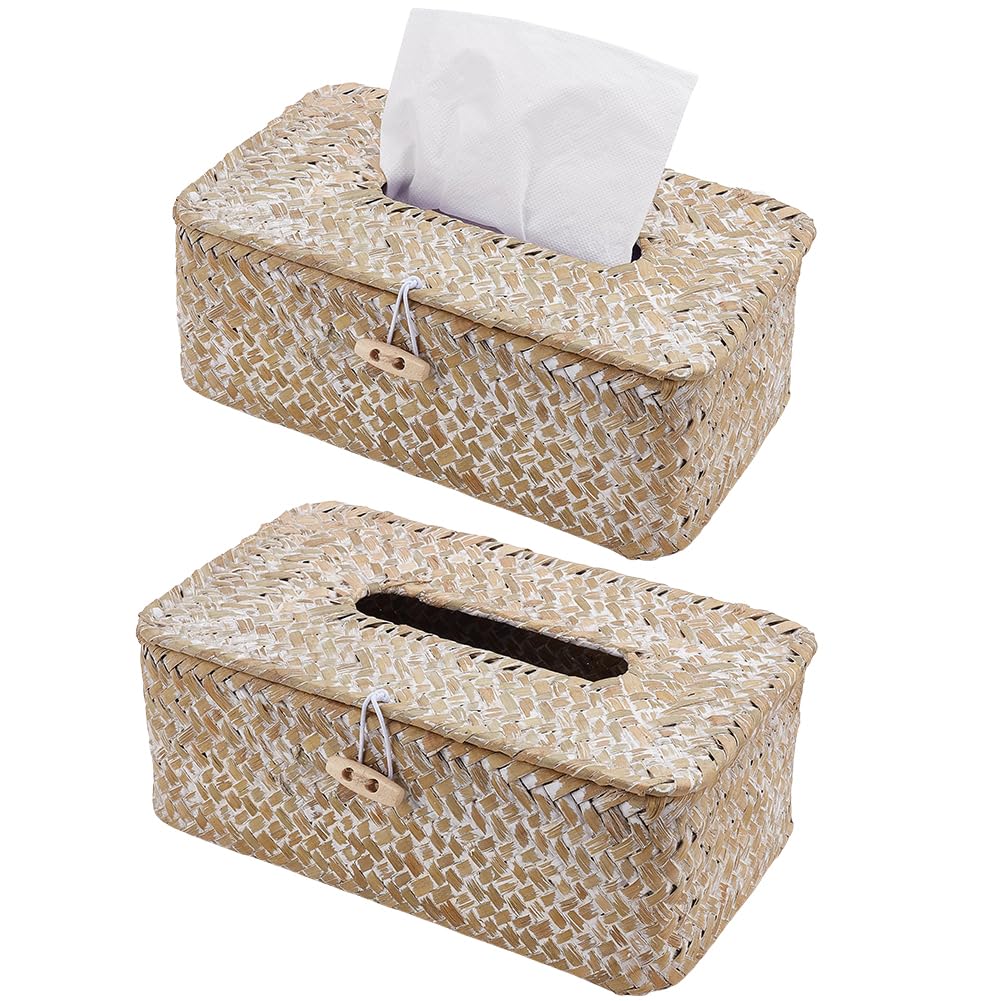 INFUNLY 2 Pcs Rattan Tissue Box Cover Rectangle Wicker Tissue Box Holder 9x5x4 Inch Boho Napkin Box Cover Natural Seagrass Storage Basket for Toilet Tank Bathroom Living Room Office Desk