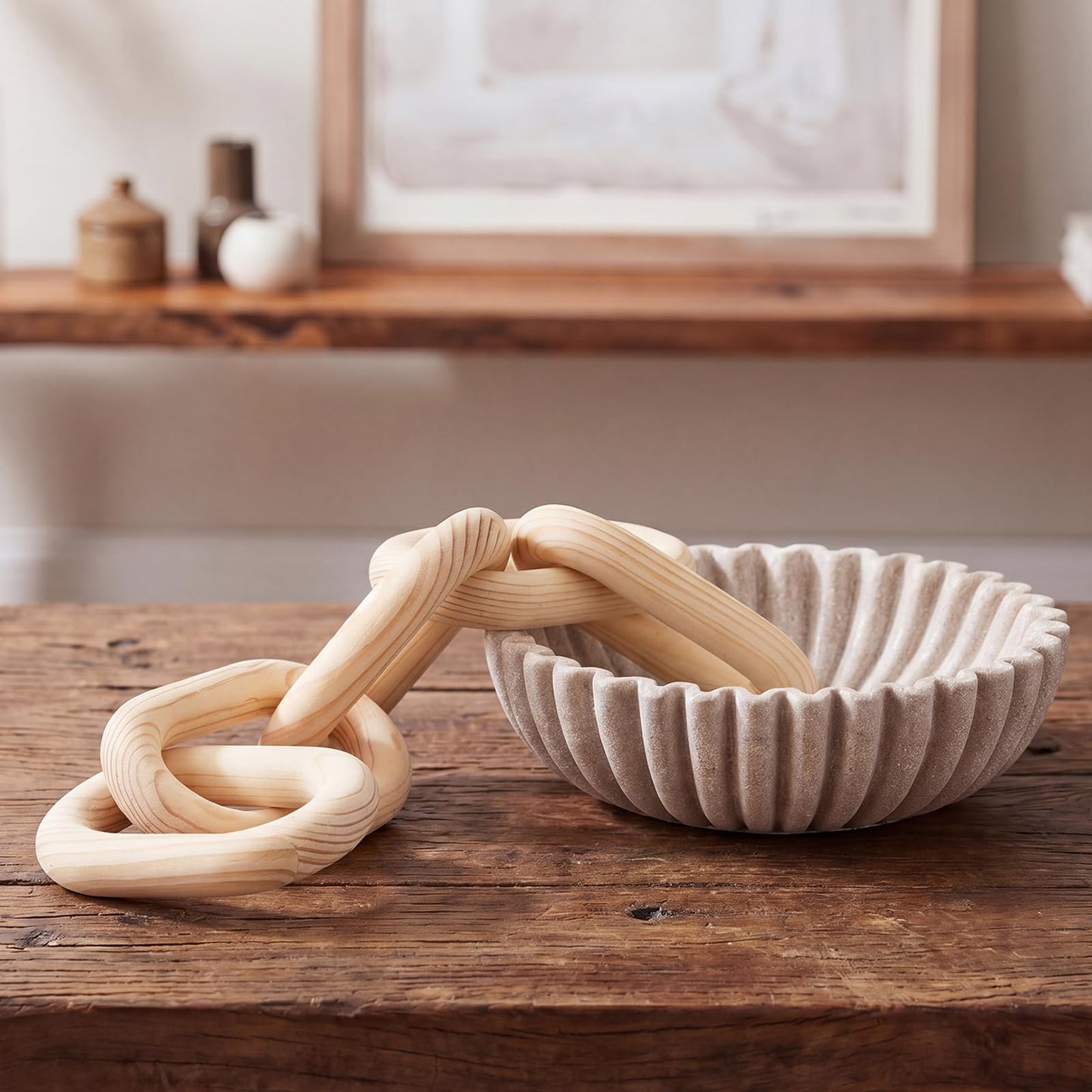 Yiyiring Large Decorative Bowl and Wood Chain Link Set Modern Handicraft Bowl Ruffle Decoration for Farmhouse Home Decor Modern Kitchen Counter Stylish Key Fruit Bowls Entry Table Housewarming Gift