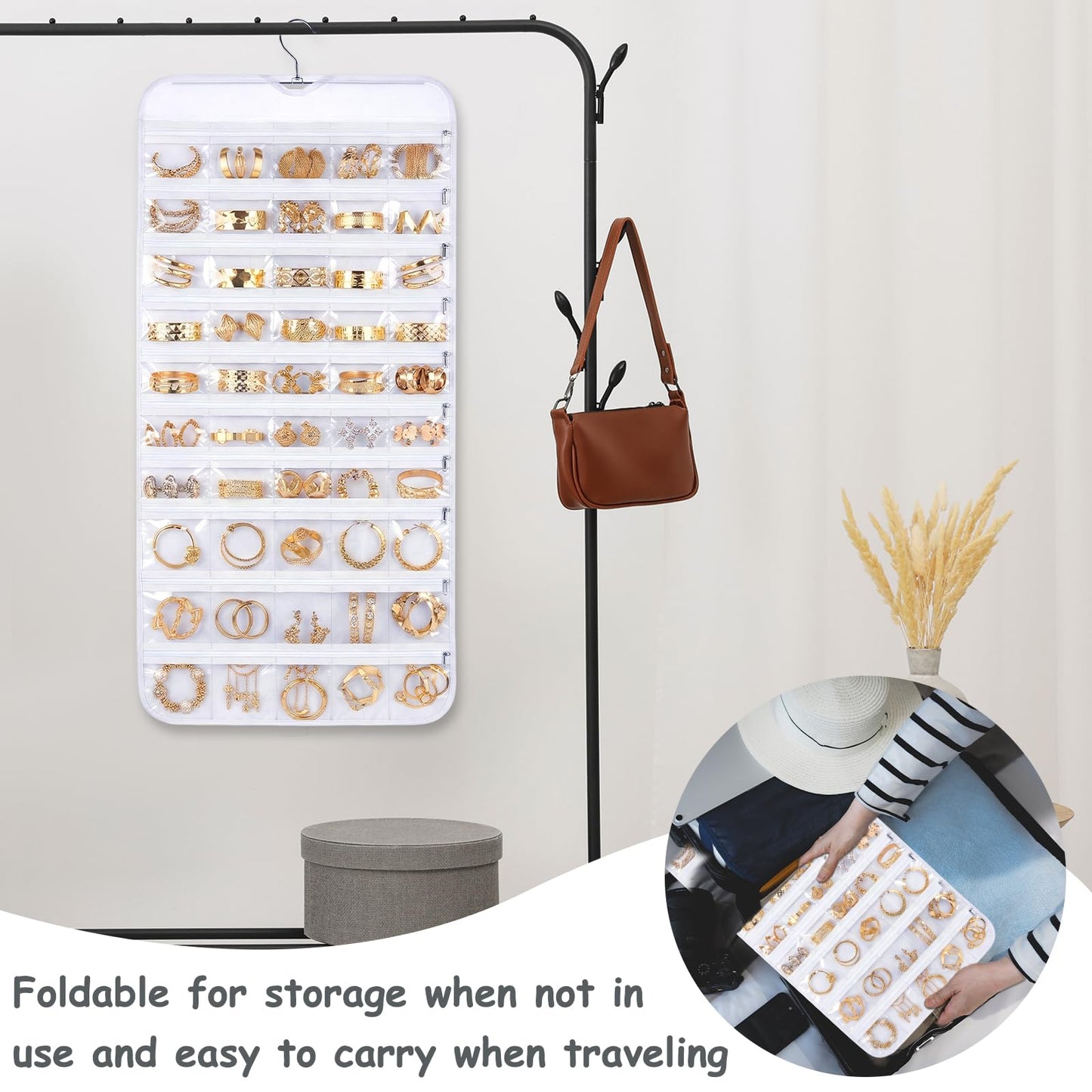 Xosjska 2 Pack Hanging Jewelry Organizer 80 Zippered Pockets 80-Pocket Dual-sided Jewelry Storage for Necklace Bracelet Earring RingsTravel Holder - White