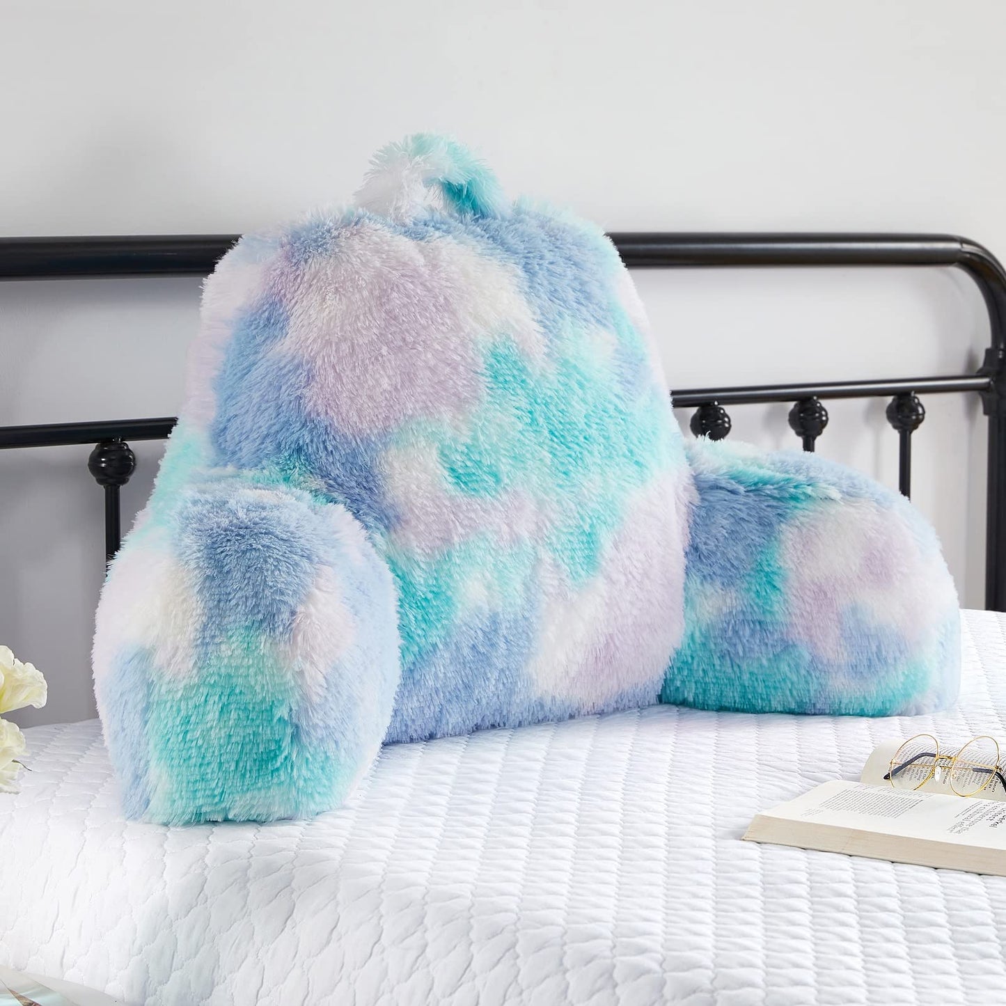 Bedriping Reading Pillow for Bed Adult - Faux Fur Backrest Pillow with Arms, Ergonomic Back Rest Pillow for Sitting Up in Bed, Extra Fluffy Sit Up Pillow, Students, Teens, Kids Study Pillow, Xmas Gift