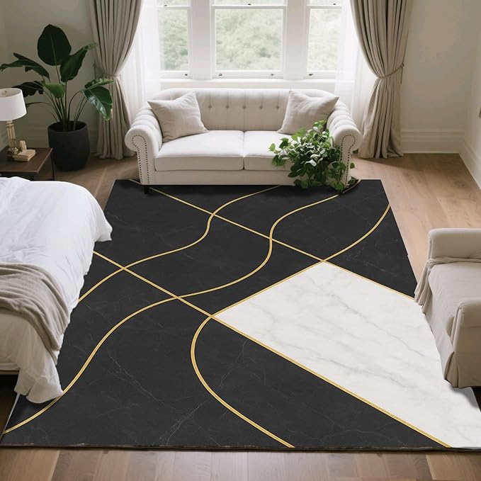 Geometric Marble Rug - 4x5 Rug, Abstract Lines Area Rugs, Luxury Marble Outdoor Rugs, Washable & Non Slip Carpet Home Decor