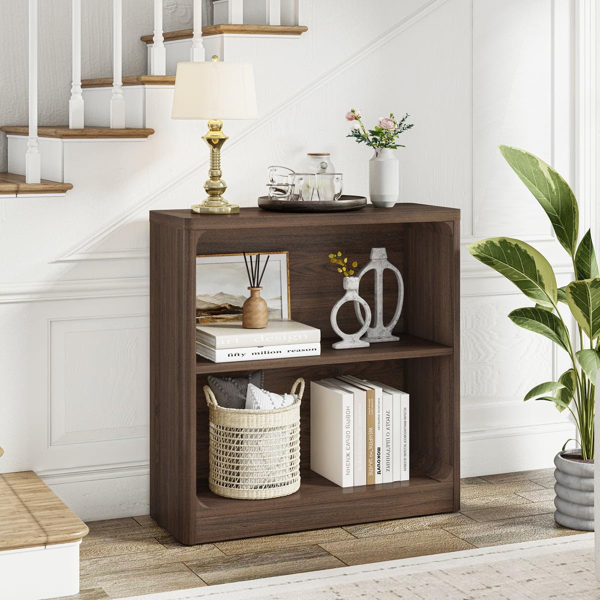 FATORRI Small Wooden Bookshelf, 2-Tier Open Bookcase with Rounded Corners, Compact Floor Standing Storage Book Shelf for Living Room, Bedroom, Home Office (Dark Walnut)