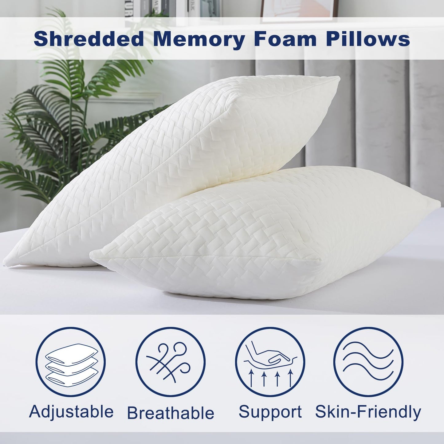 COZYART Shredded Memory Foam Pillows Queen Size Set of 2, Cooling Breathable Pillowcase, Adjustable Firm Bed Pillows for Side Back Stomach Sleepers