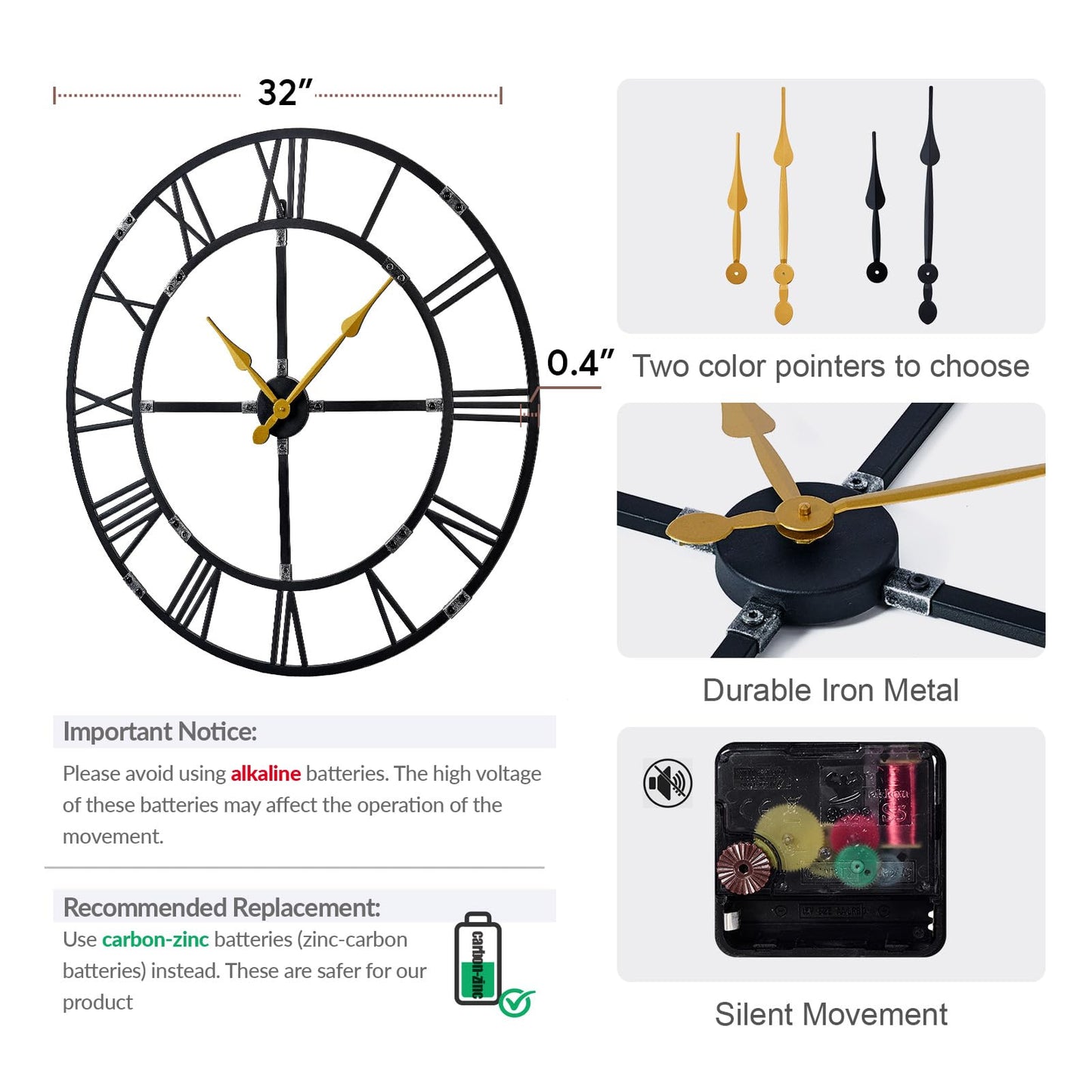 Ohweog 32 Inch Large Wall Clock for Living Room Decor – Easy-Assembly (KD) Silent Non-Ticking Modern Farmhouse Wall Clock, Oversized Decorative Metal Roman Numeral Clock