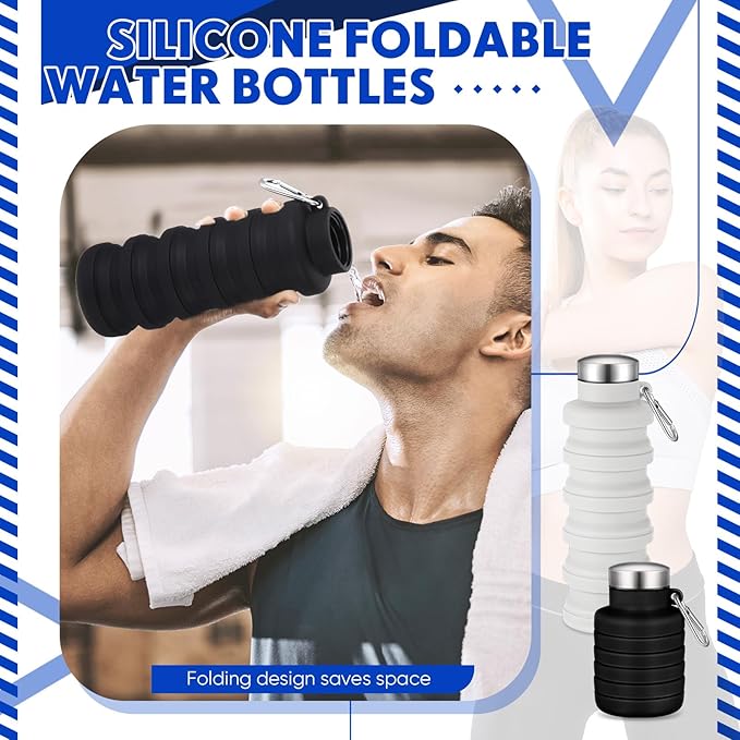 Baderke 2 Pcs Collapsible Water Bottles 17oz Silicone Travel Foldable Portable Water Bottle with Buckle Silicone Lightweight Reusable Leakproof for Camping Hiking Cycling Sport(Black, Gray White)