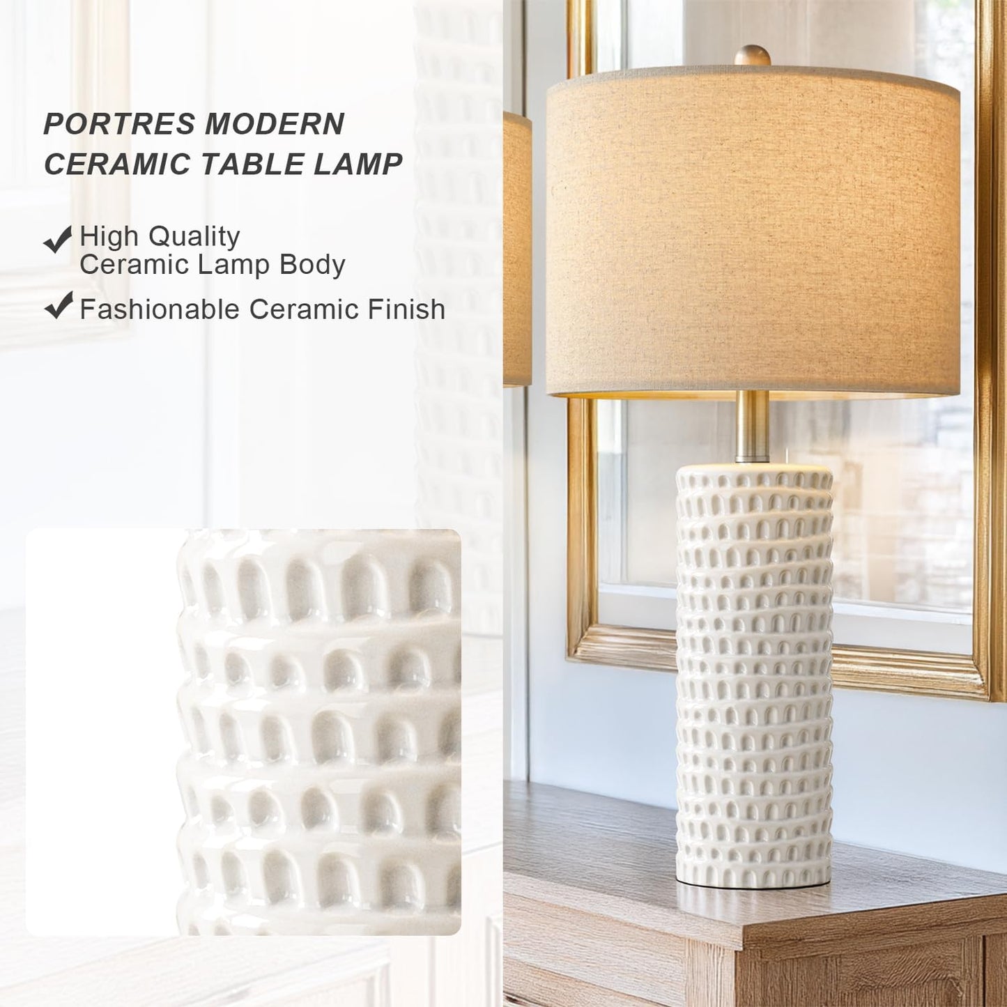 PORTRES 24" Farmhouse Ceramic Table Lamp Set of 2 for Bedroom Living Room White Desk Decor Bedside Lamps for Study Room Office Dorm Modern Accent Nightstand Lamp End Table Lamps