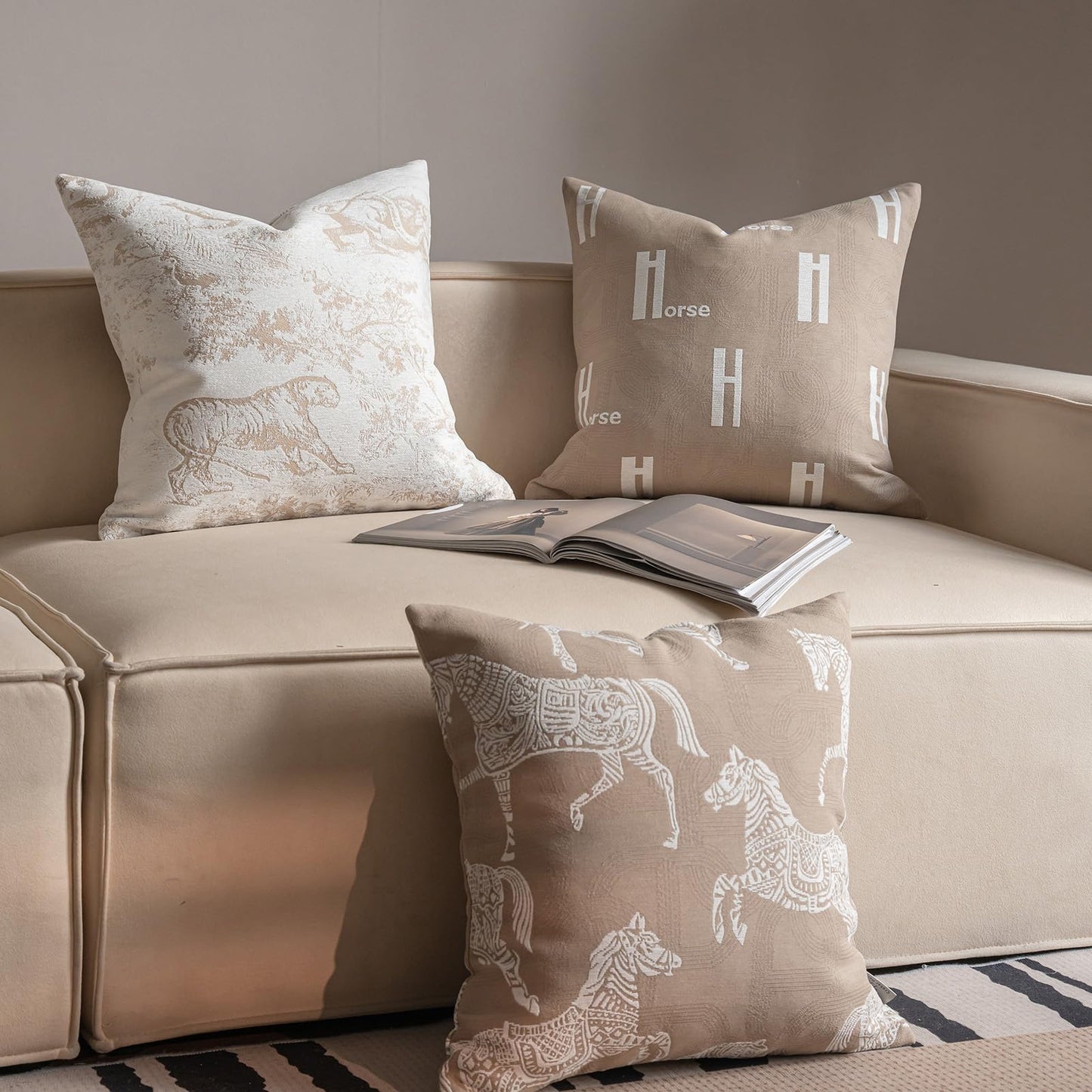 Croker Horse 20x20'' Inches Throw Pillow Cushion Cover - Beige Royal Horse Pattern Chenille Embroidery Jacquard Luxury Modern Fashion Style Couch Sofa Pillow Covers for Bedroom Living Room