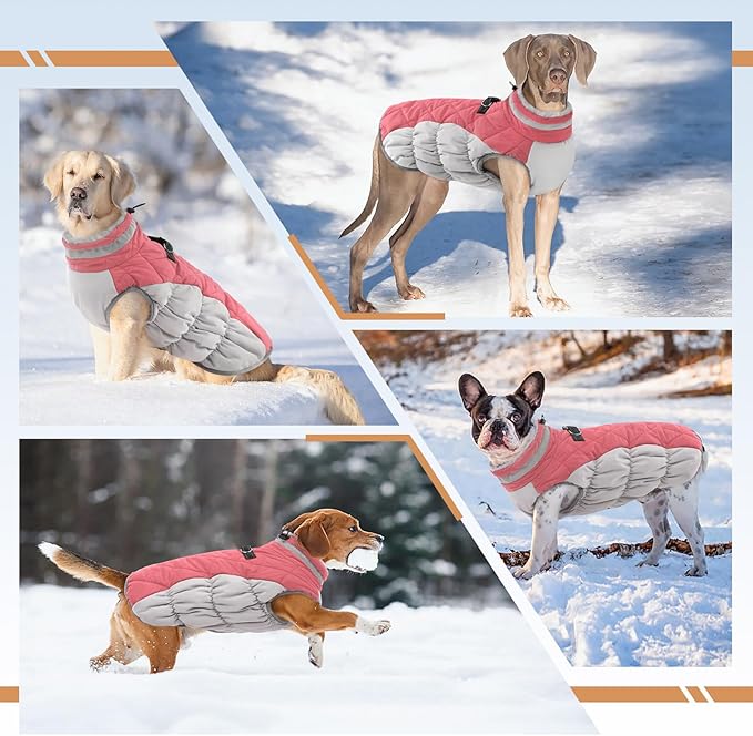 OUOBOB Dog Coats for Large Dogs,XL Dog Coat,Warm Fleece Winter Coat with D-Ring,Back Zipper Pet Jacket for Large Dogs,Waterproof Pet Snow Jacket Clothes Snowsuit Beagle Corgi Border Collie,Pink,XL