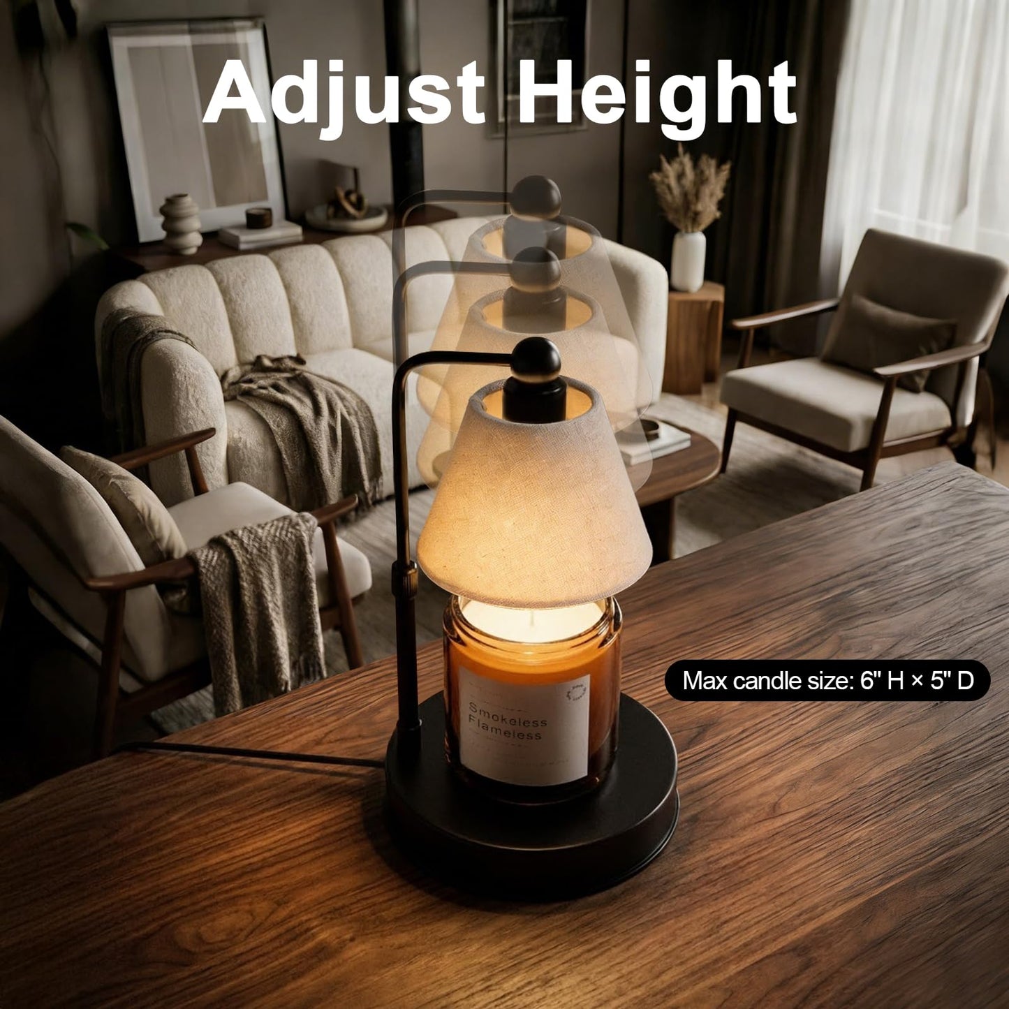 Bingyouth Candle Warmer Lamp with Timer, Dimmable, Adjustable Height, Modern Farmhouse Linen Shade, Black Candle Warming Lamp for Up to 6-Inch Jar Candles, 2 Bulbs Included