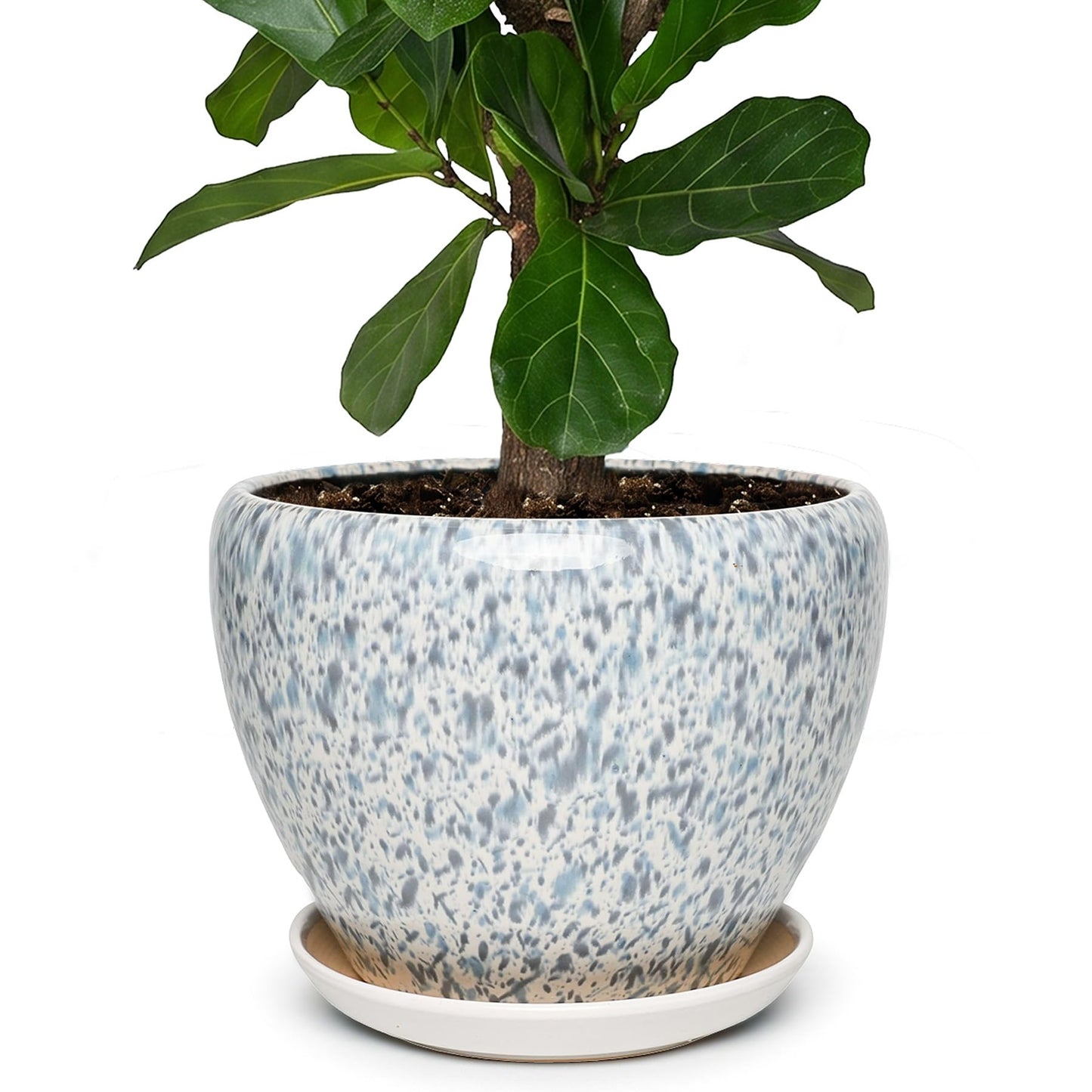 SAFIOROIS 11 Inch Ceramic Plant Pot with Drainage Hole Mesh Net, Large Gardening Pots for Indoor Plants with Saucer, Spotted Blue